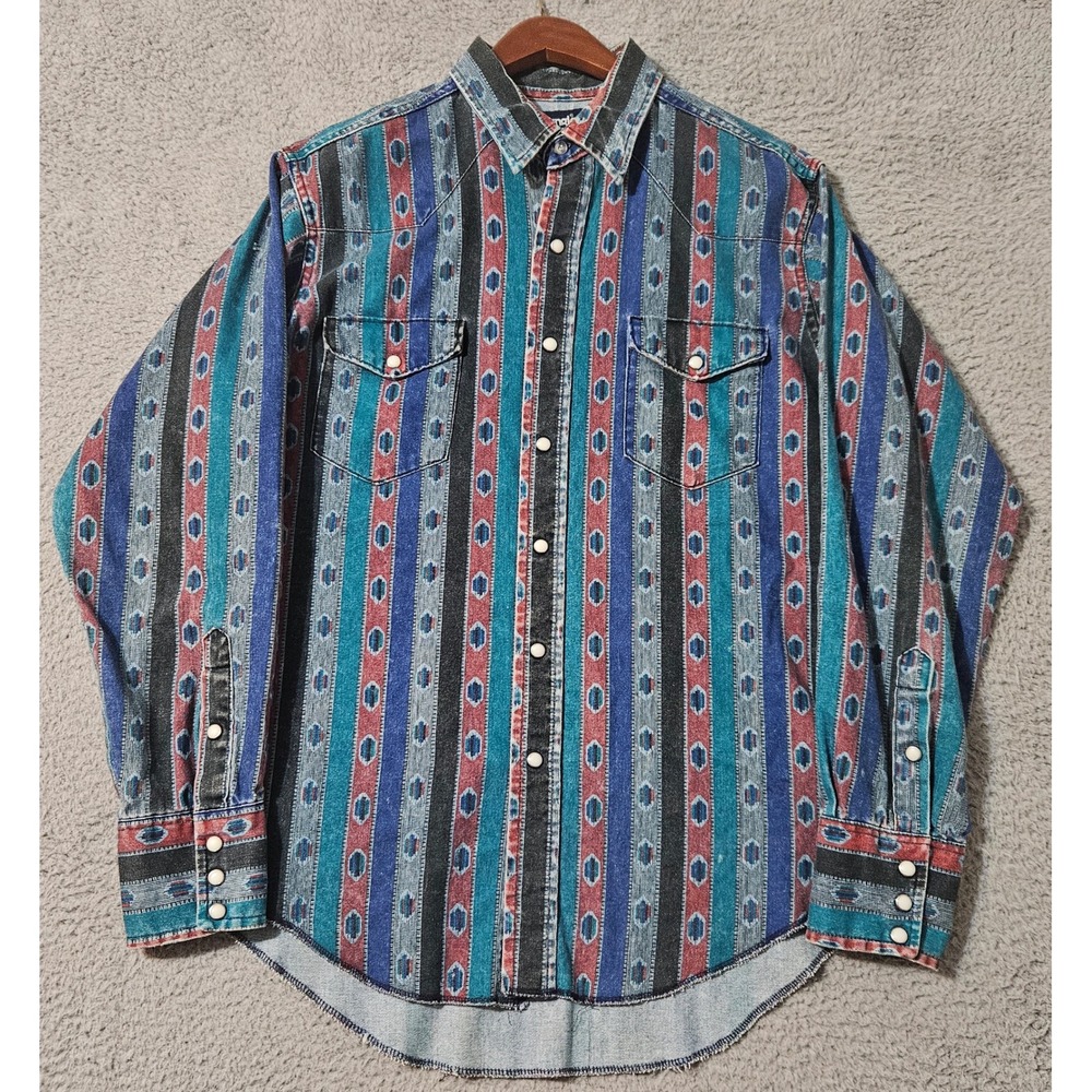 Vintage Wrangler Button Up Shirt Mens 16.5-35 XL Long Sleeve Western‎ Aztec USA